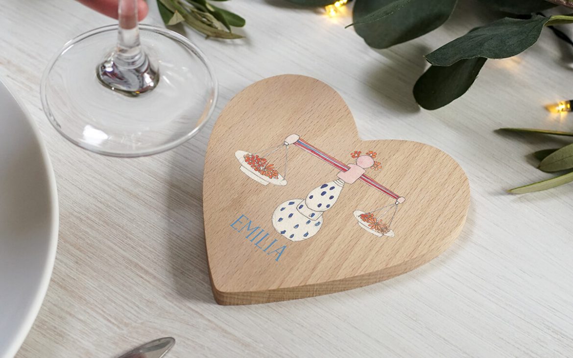 Star Sign Heart Shaped Wooden Coaster