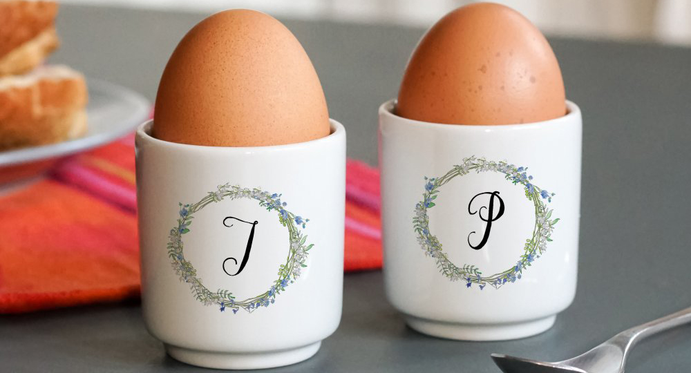 Mr & Mrs Birth Flower Wreath Ceramic Egg Cups﻿